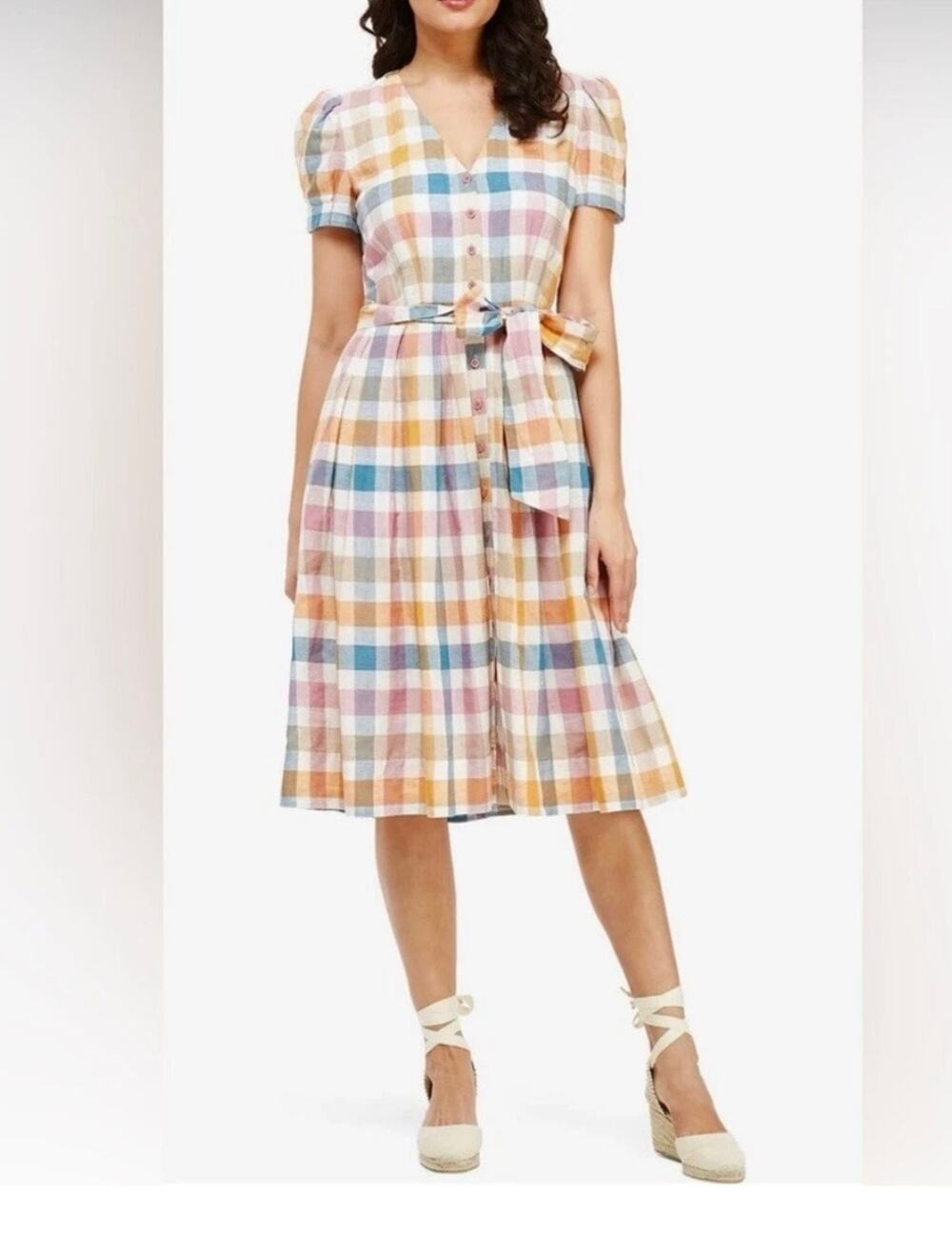 Gal Meets Glam Poppy Linen Blend Dress Size 12 Pastel Plaid Cottage Core Modest
